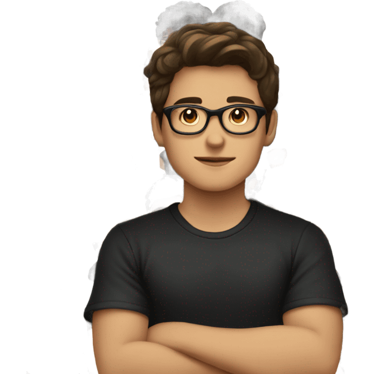 teenage boy with dark brown hair and black t shirt with glasses emoji