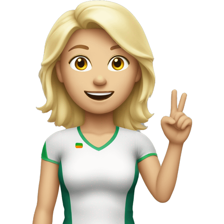 blonde woman in sport top raising her hand hello emoji