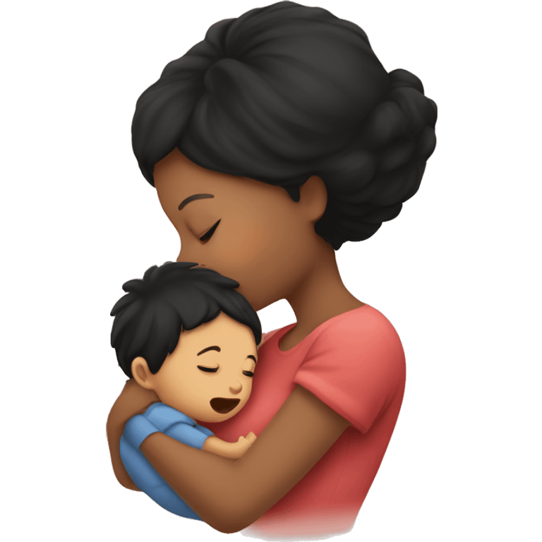 Baby boy and mother with black hair kissing  emoji