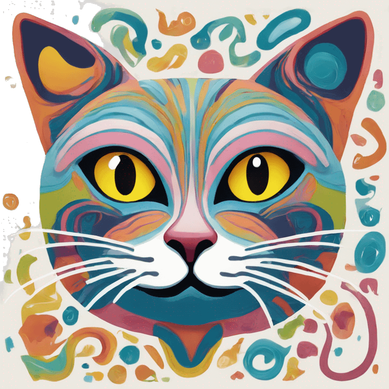 Abstract quirky funky cat made of different shapes and squiggles linocut multicoloured illustrations  emoji