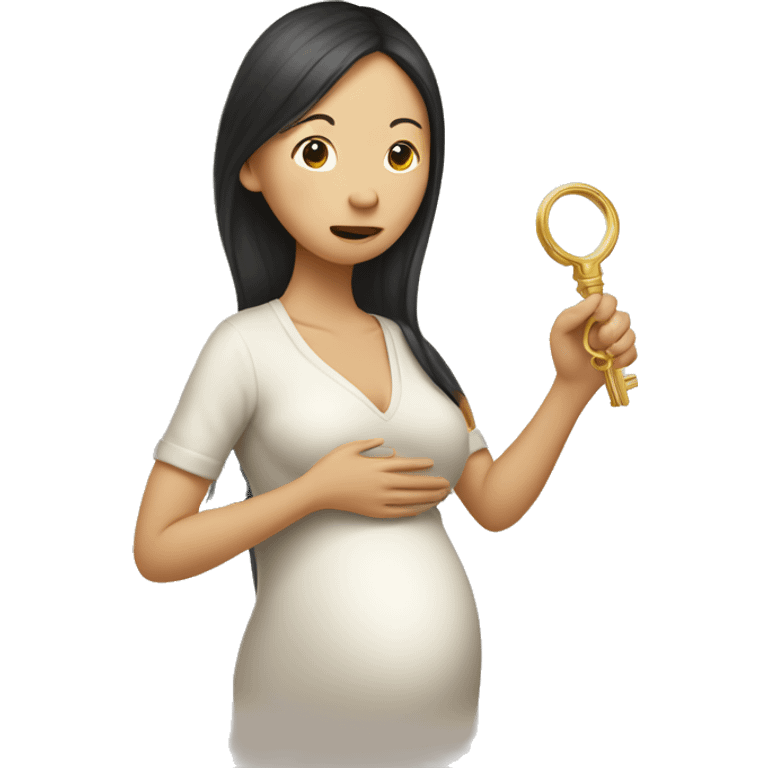 A pregnant Asian woman holds a golden key in her hands, the other hand closes her own mouth emoji