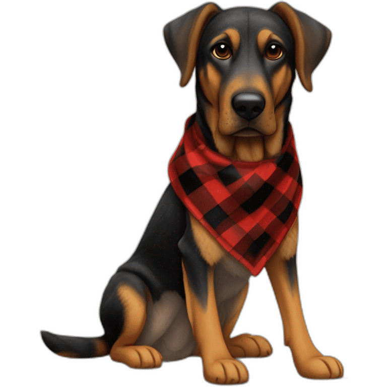 adult 75% Coonhound 25% German Shepherd mix dog with visible tail wearing small pointed red buffalo plaid bandana full body side view emoji