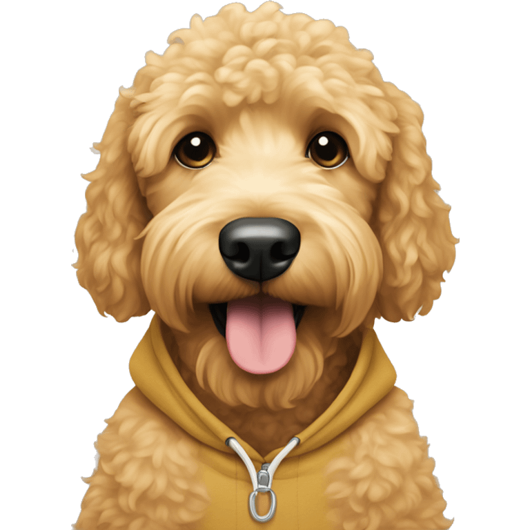 Golden doodle mixed with a poodle wearing a hoodie emoji