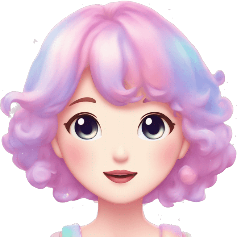 Gorgeous pastel anime style lady blushing nebula-gradient-sparkle face dreamy idol model colorful shiny stars galaxy kawaii cottagecore pearly petite simplistic aesthetic trending style emoji