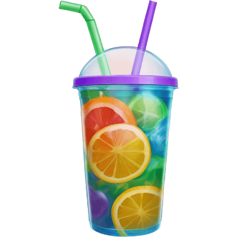 Realistic plastic domed lid cup with colorful straw and juice with ice inside of the cup. emoji