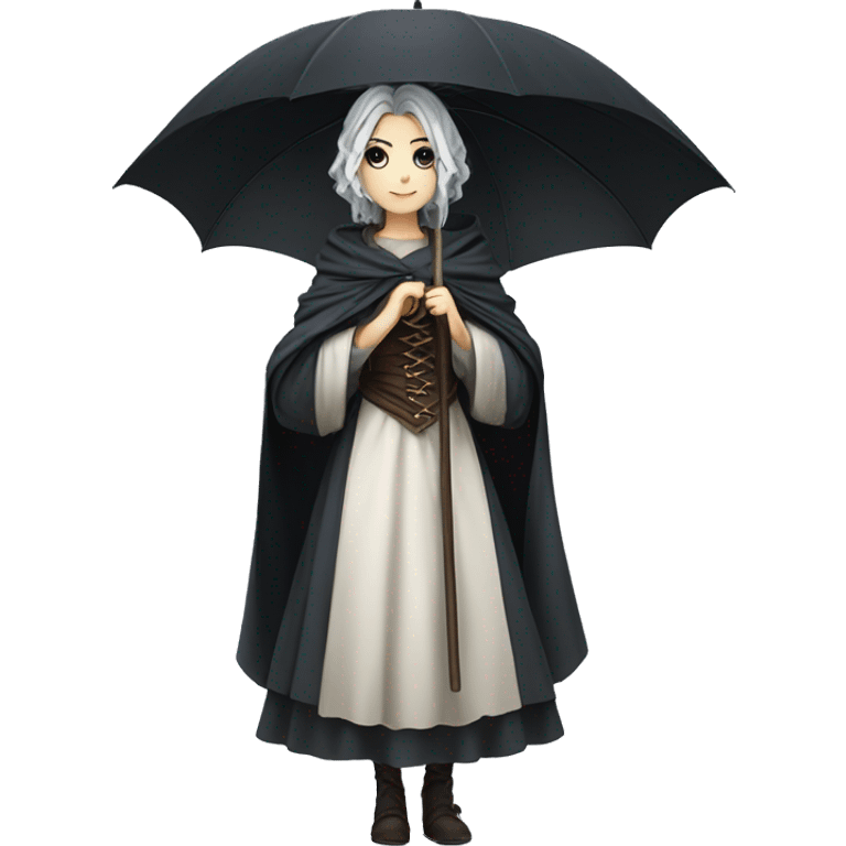 medieval gothic woman, anime style, gorgeous hair, beautiful dress, holding umbrella emoji