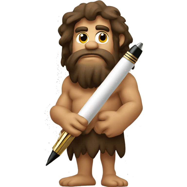 caveman with a pen looking pensively at piece of paper emoji