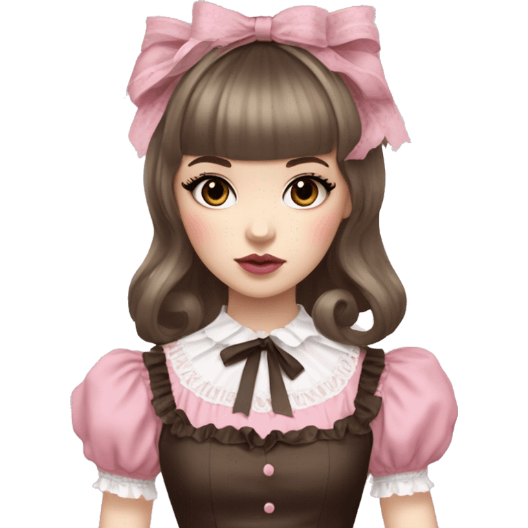 pale woman with short brown hair and bangs, pink lips and eyeshadow, long eyelashes, brown eyes, pink Lolita dress with laces and ribbons, gothic Lolita doll look emoji