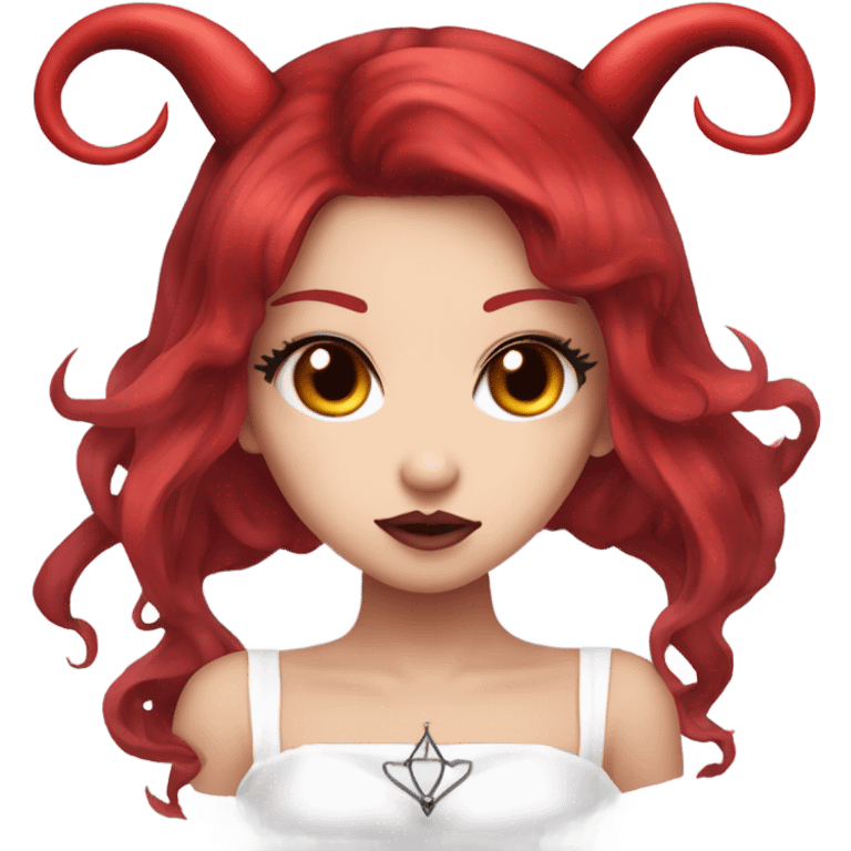 hime goth gyaru girl, devil horns, red hair, red dress emoji