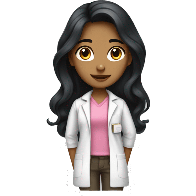 Young beautiful female scientist with long black hair and medium skin tone with pink accents emoji