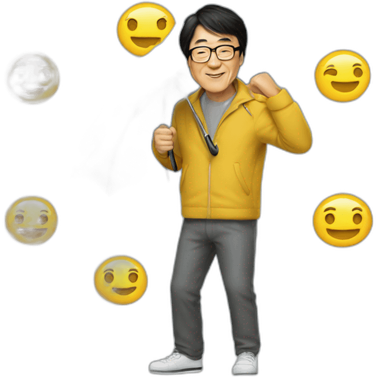 Jackie Chan holding on to a bus with an umbrella emoji