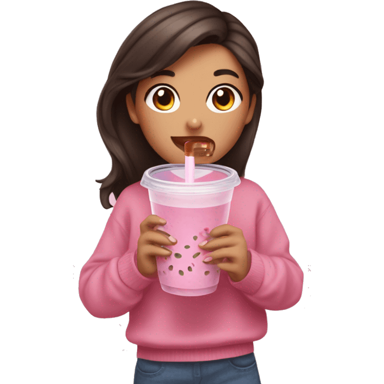 Brunette girl in a pink sweater drinking bubble tea emoji