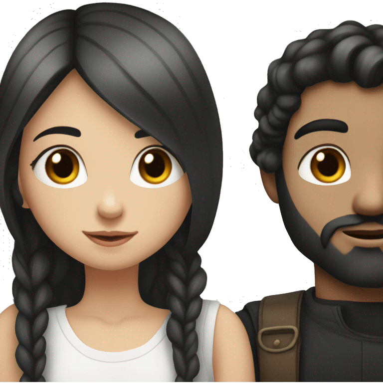 White-skinned girl with long black hair kissing a white-skinned boy with black hair and beard emoji