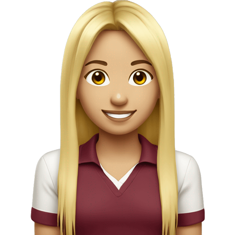 a mid length hair with curtain bangs beautiful girl smiling. wearing a light yellow polo with maroon identification lanyard  emoji