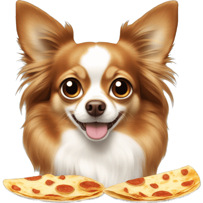 Long-haired reddish brown Chihuahua with white markings eating quesadilla emoji