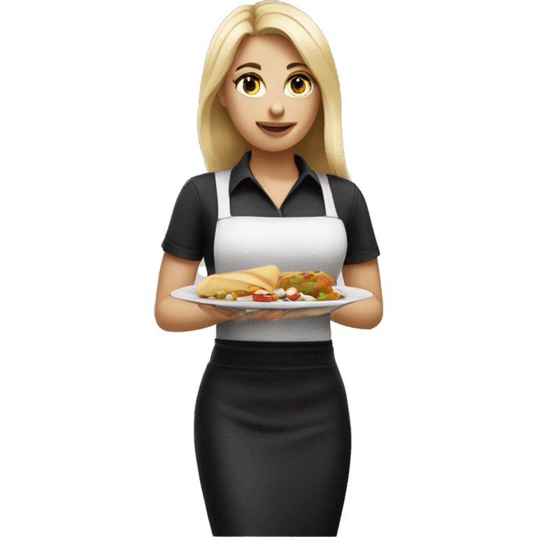 blonde waitress with straight hair wearing black polo and holding a plate of food emoji