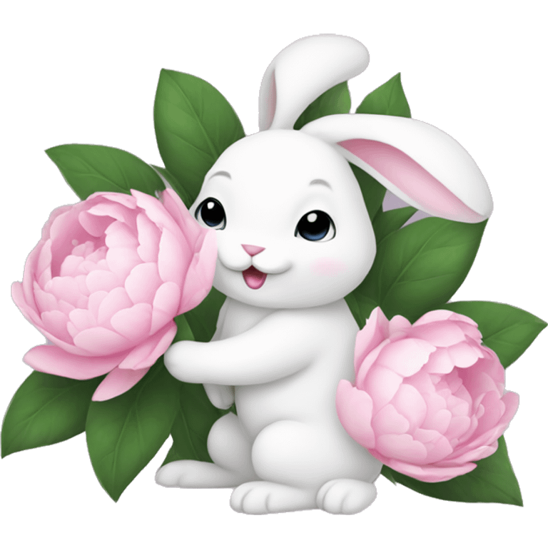 cute white bunny holding light pink peonies emoji