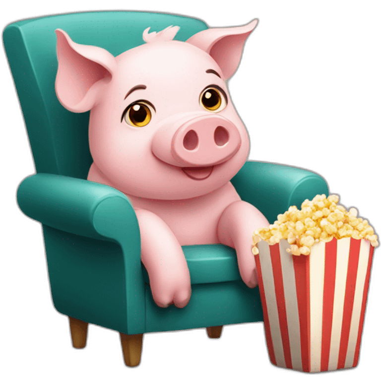 Cute pig sitting on a chair with popcorn emoji