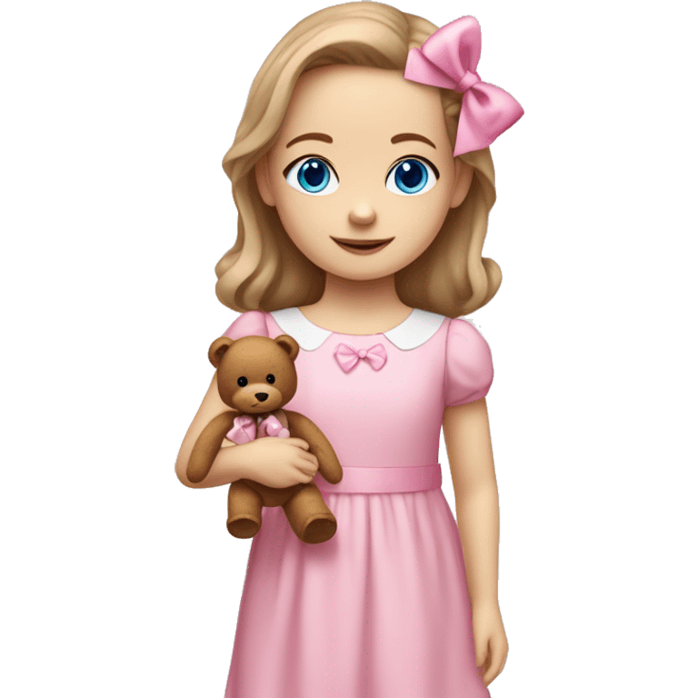 Little Girl with White skin, blue eyes. Light brown hair with pink bows in it.  She is wearing a pink and White dress, standing and holding on to a teddybear with a pink bows. emoji