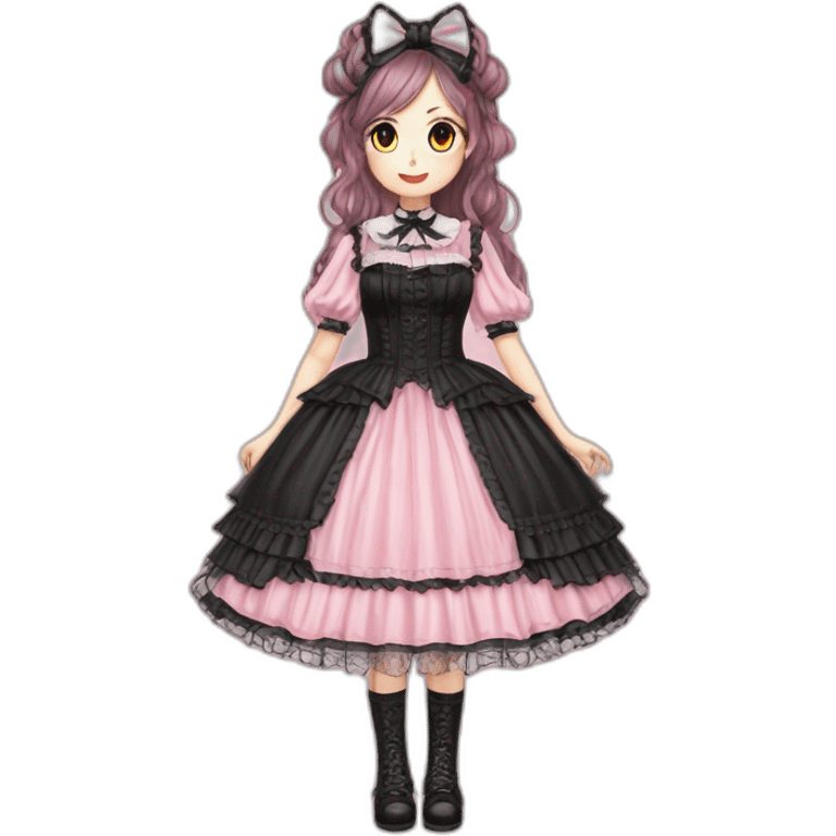 Vestido rosa pastel y negro gothic lolita, cuerpo completo, piel morena, pelo largo y rojo emoji