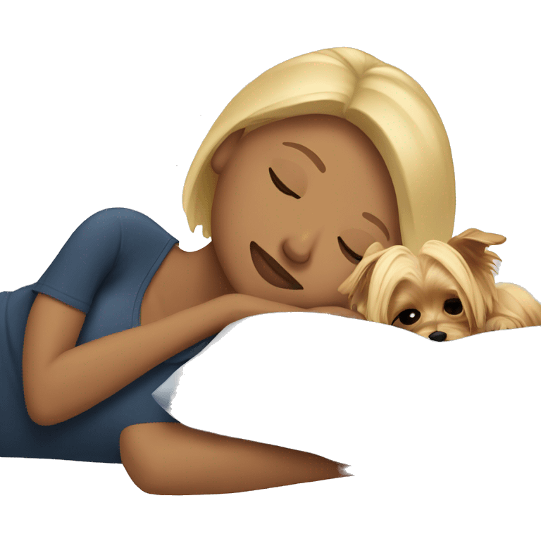 Blonde woman sleeping with Yorkie on bed emoji