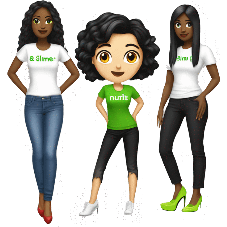 white woman with black hair wearing a t-shirt with the name.D'NUTRI wearing slime green jeans wearing high heels emoji