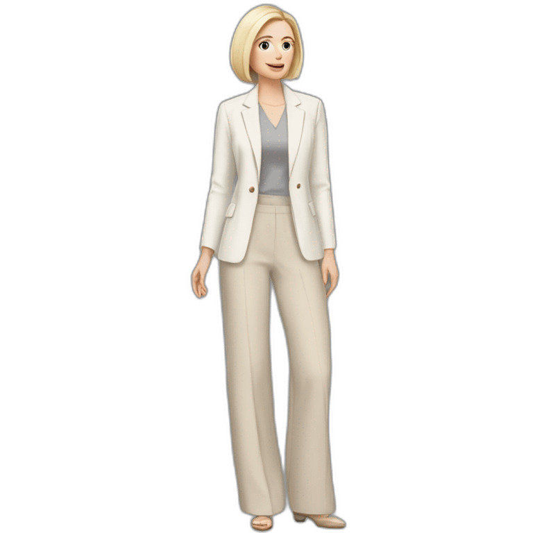 Full height Actively gesturing with hands pale skin woman with ash blonde Straightened bob Hair, White Spacious classical jacket, beige palazzo Arrow pants and gray blouse emoji