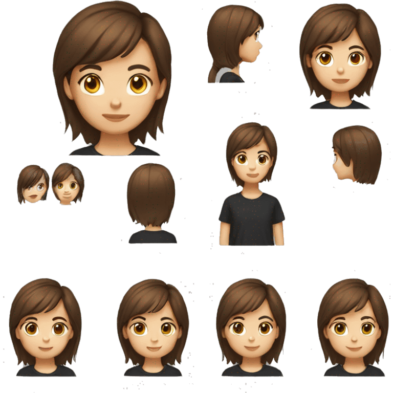 A girl with short straight brown hair, brown eyes, black T-shirt, fair skin. Works as a designer emoji