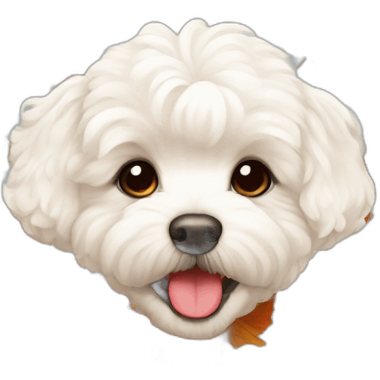 White maltipoo with autumn leaves in mouth emoji