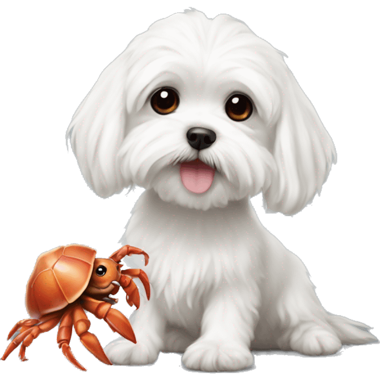 Adorable white Maltese posing with hermit crab emoji