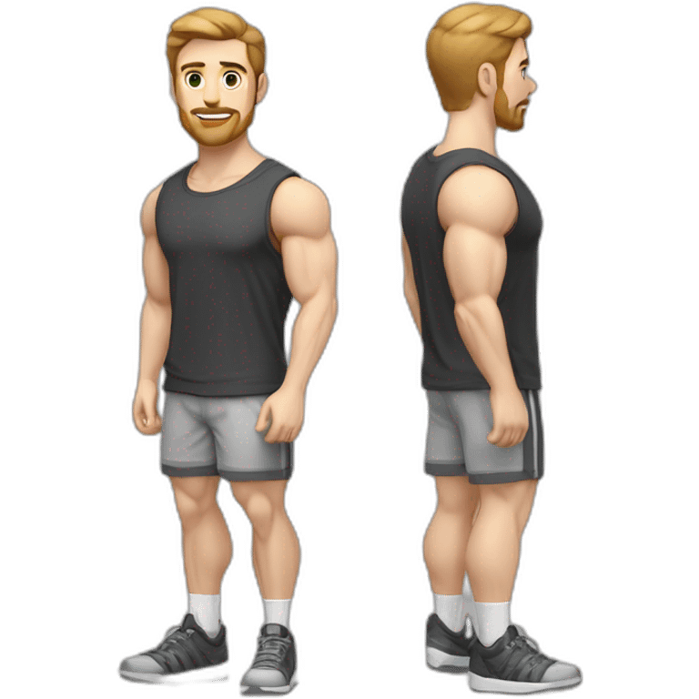 Full height Pale skinned fit man With biceps, Realistic eyes and mouth, light brown hair and stubble In dark gray sleeveless mike, black oversize sports shorts, watch and white sneakers. emoji