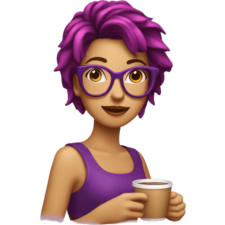 Chica con pelo canoso y gafas moradas Tomando café  emoji