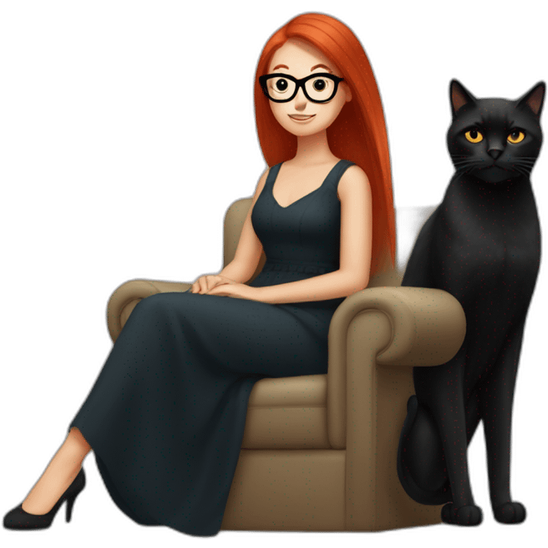 woman with long straight red hair and black-rimmed glasses, in a dress, sitting in an armchair, with a black cat on her lap emoji