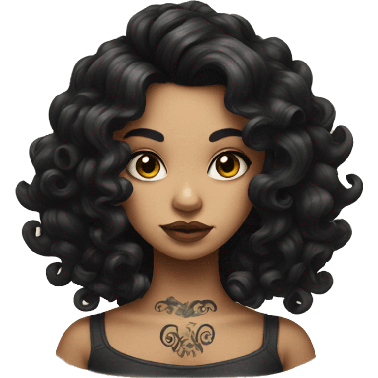 
girl with black hair in curls and art tattoo emoji