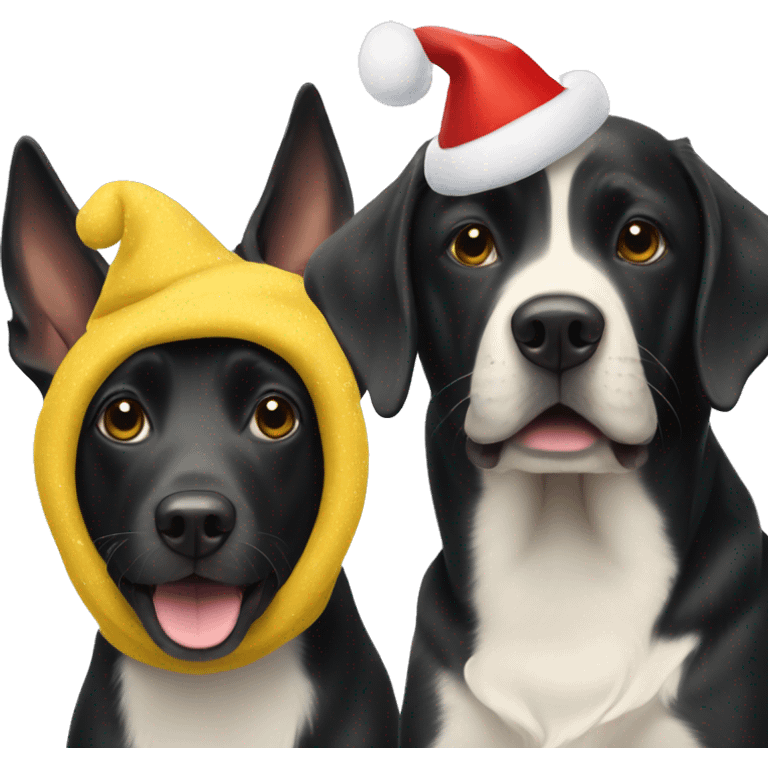 black dog and a yellow dog with xmas hats on emoji