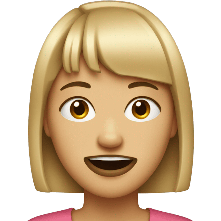 Woman with bangs who’s lips got stuck on her teeth emoji