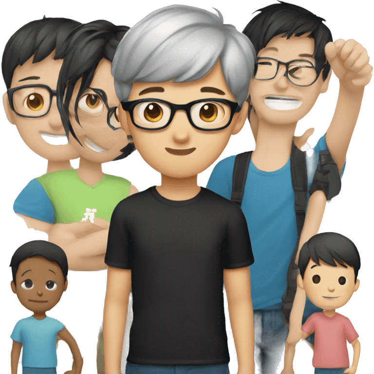 The young Chinese boy WITH blue EYES smiled with short hair, black-rimmed glasses and a black T-shirt. emoji