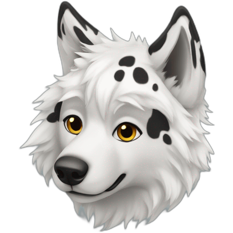 furry black spotted white wolf, single floppy ear emoji