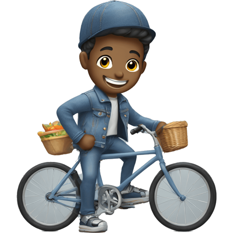 smiling boy in denim jacket rubbing a bicycle  emoji