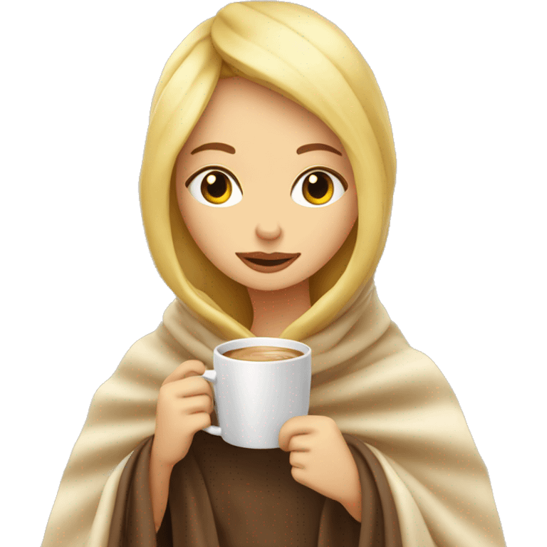 Blonde girl inside a blanket sipping coffee eyes closed emoji