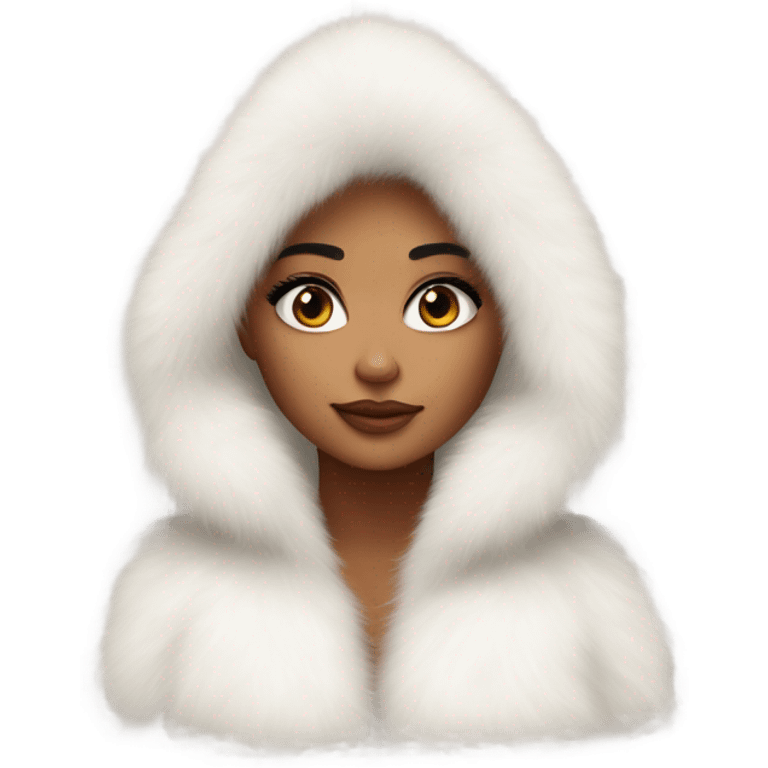 Tanned Girl with lashes ,  in an extremely big fluffy oversized white fur coat with hood on. The fur is real and it’s very obvious big and fluffy like in Pinterest  emoji