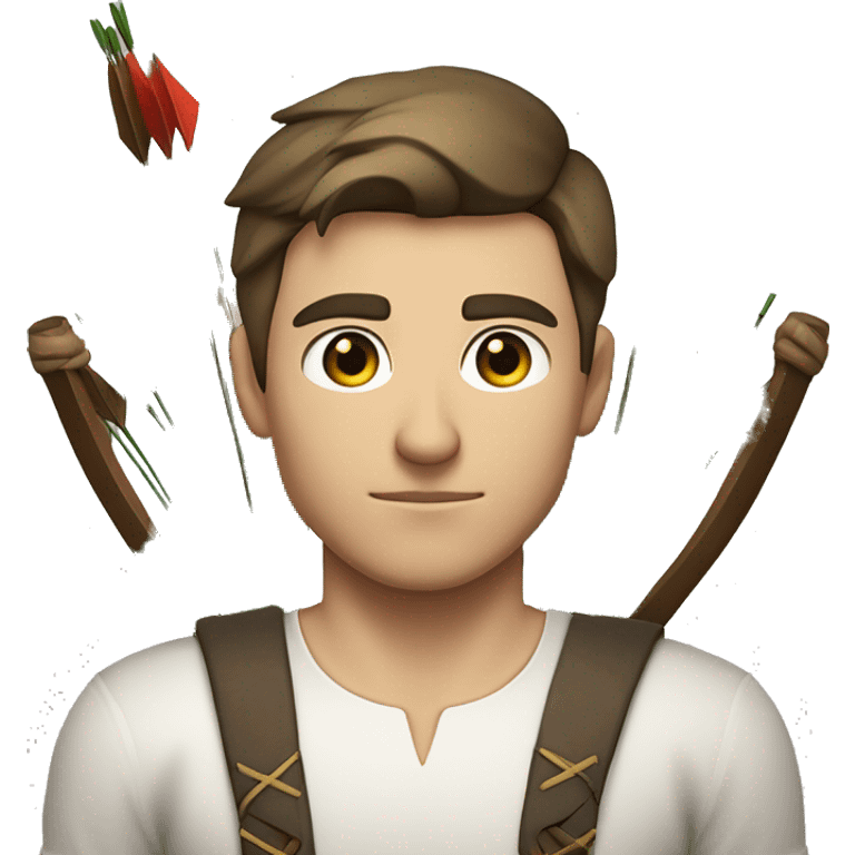 a male archer, facing the direction of the arrow, eyes closed, wearing a white shirt, very short brown hair, bright skin, only show upper part of the body from waist up emoji