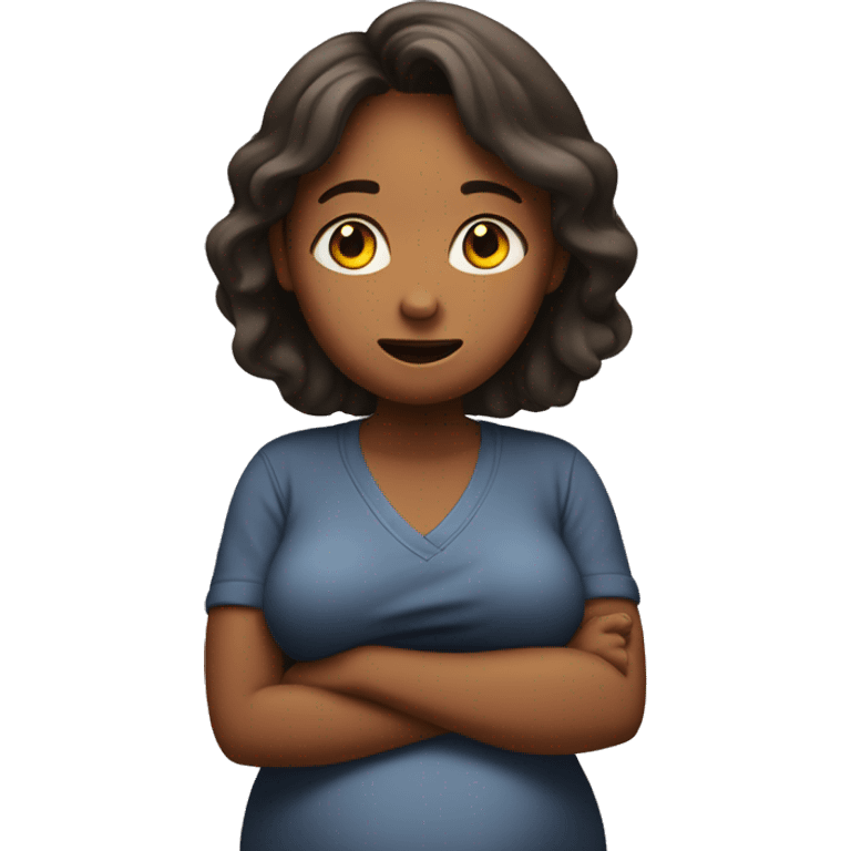 A pregnant woman facing forward and shrugging her shoulders with her palms raised. emoji