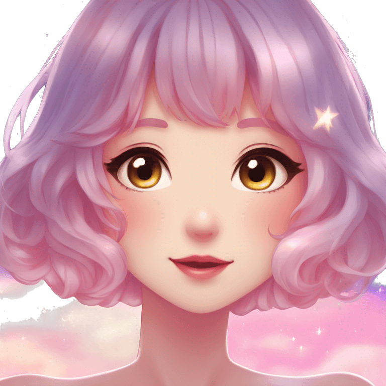 Gorgeous anime style lady blushing face dreamy idol model colorful shiny stars galaxy kawaii cottagecore pearly petite simplistic aesthetic trending style emoji