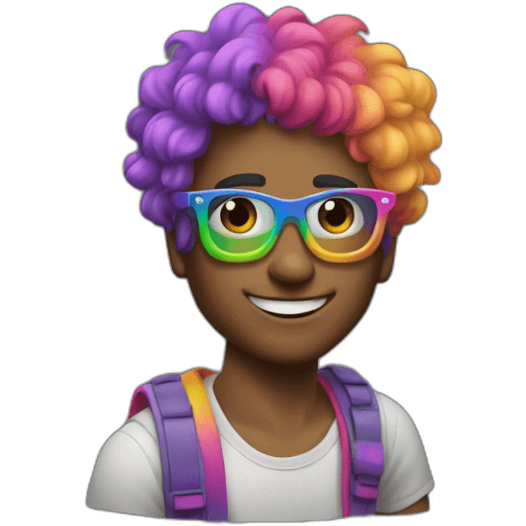 a guy, with rainbow glasses, with rainbow hair, with badly applied makup, trying to smile emoji