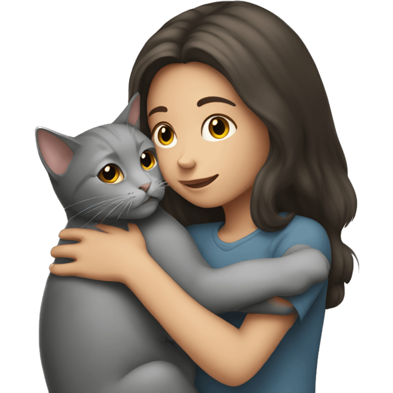 Brunette girl hugging gray cat emoji