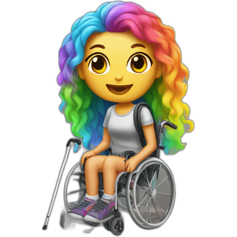 Disabled woman with crutches and rainbow hair in an abandoned building emoji