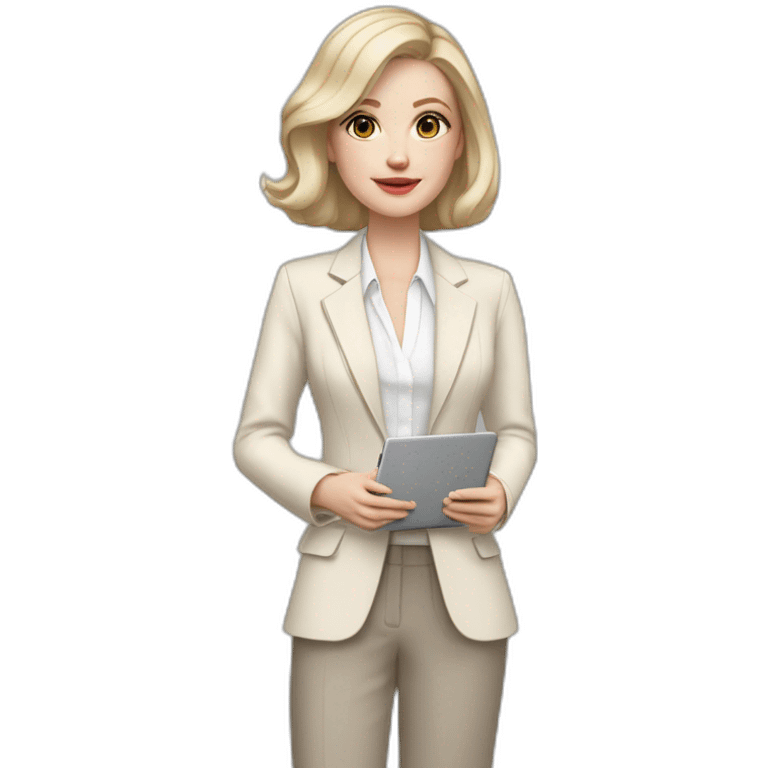 pale skin woman with ash blonde Straightened bob Hair, White Spacious classical jacket, beige palazzo Arrow pants and gray blouse holding a MacBook in the hands emoji