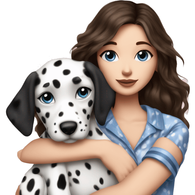 a brunette girl with blue eyes dressed in a victoria’s secret pyjamas hugging a dalmatian puppy emoji