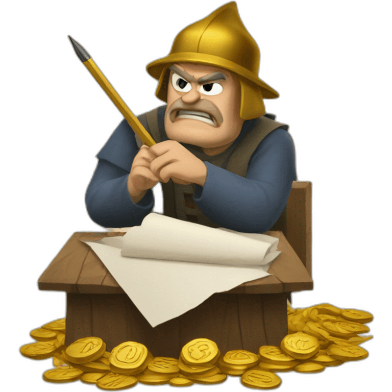 middle ages taxman, angry, writing on a paper, pile of gold emoji